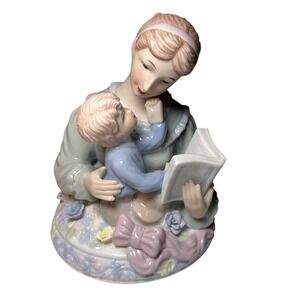 Vintage Brahms Waltz Wind Up Music Box Mother Reading to Child Porcelian Working